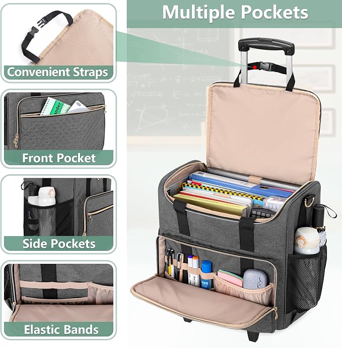 LUXJA Rolling Teacher Bag with Wheels and 15.6" Laptop Compartment, Gray | Rolling Briefcase for Women, Teacher Tote Bag for Office Work with Detachable Dolly and Shoulder Strap, Ample Storage Pockets