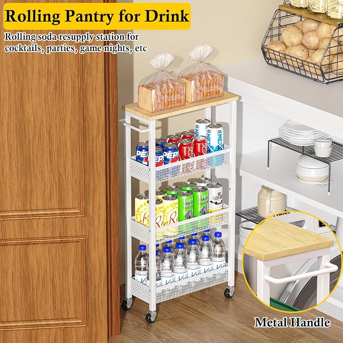 OKZEST Slim Laundry Room Organization Cart with Upgraded Metal Hub Casters | Fits between washer & dryer, 4-Tier space-saving narrow rolling cart, Premium wood top & metal mesh shelf, with handle & hook