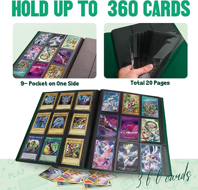 Card Binder 9-Pockets,Trading Card Binder,20 Pages, 360 Card Capacity Collection Binder, Card Folder for MTG, TCG, Game Cards & Sports Cards (Green)
