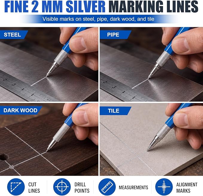 Hiboom 6 Pcs Welders Pencil with 72 Silver Round Refills 2 mm Mechanical Pencils Refill, Metal Marker Set for Pipe Fitter Welder Steel Construction Fabrication Wood Working Metal Layout Fabrication