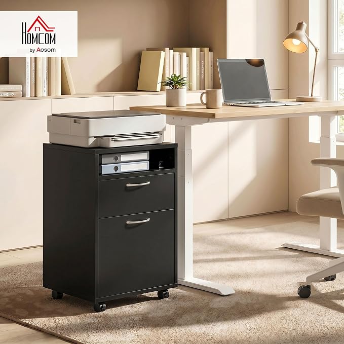 HOMCOM Mobile Storage Cabinet Organizer, Bathroom Drawer Cabinet, Black | Printer Stand, Castors