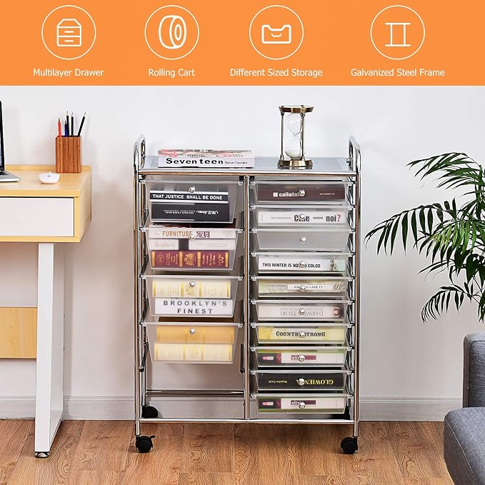 GLACER 15 Drawers Rolling Storage Cart, Steel Frame Craft Organizer Cart | Utility Cart w/Lockable Wheels & Sleek Handle, Mobile Art & Tool Supply Trolley for Teacher, Home, School, Office (Clear)