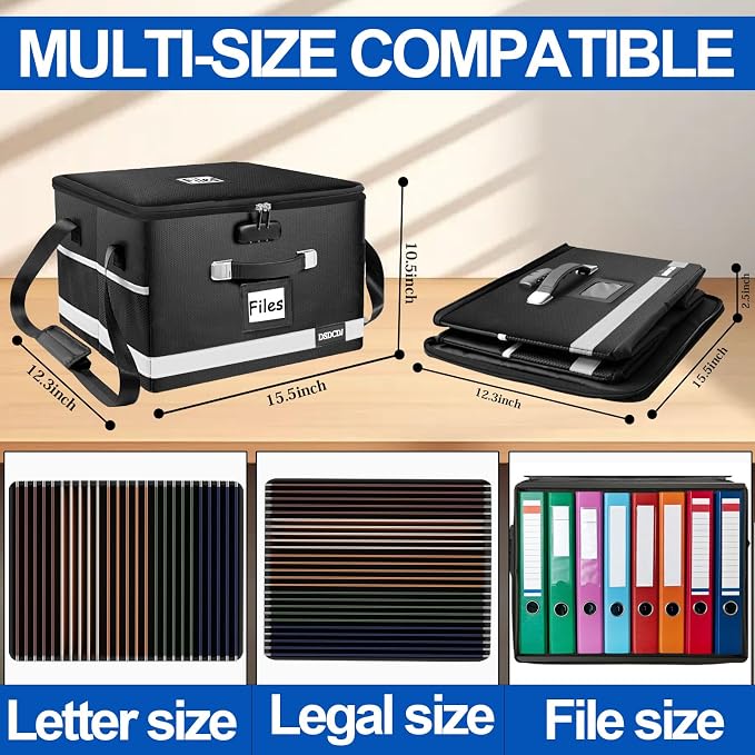Upgraded Fireproof File Box with Stay-Open Straps, Fireproof Document Box with Lock, Portable File Organizer Filing Cabinet with Handles for Hanging Letter/Legal Folder, 15.5" x 12.3" x 10.5"