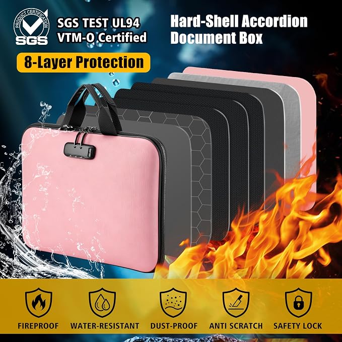 facka Fireproof Document Box with Lock, Hard-Shell Safe File Organizer | 13-Pocket Accordion Folder for Important & Legal Documents, Laptop, Passport, Cards & Valuables, Home Office Travel Pink