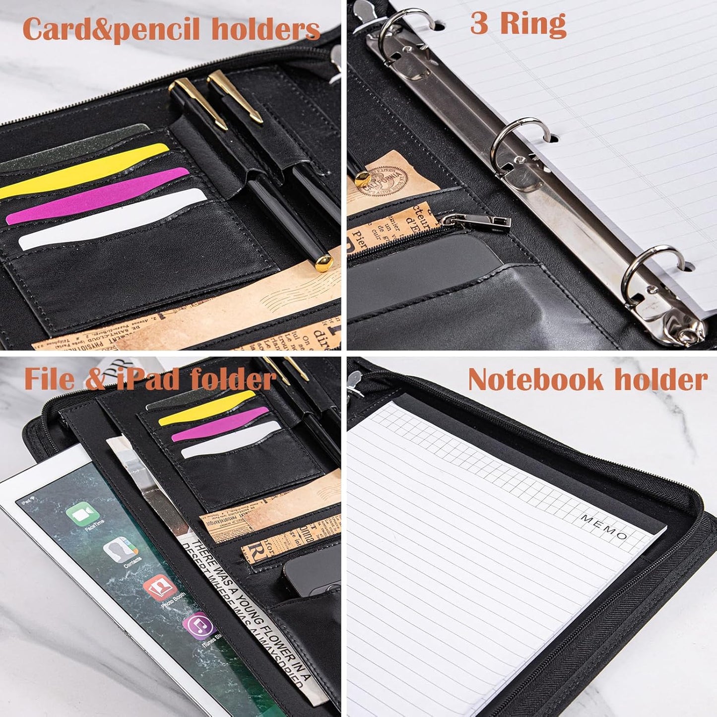 Calfinder Personalized Padfolios Portfolio Binder,3 Ring Leather Binder with Zipper,Professional Padfolios for Women&Men, Business Portfolio Organizer for Resume, Leather Folder for Ipad