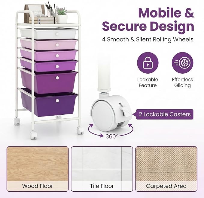 COSTWAY 6-Drawer Rolling Storage Cart, Art Craft Tools Organizer on Wheels | Multifunctional Heavy Duty Utility Mobile Storage Trolley w/ 2 Lockable Wheels for Home Office School (Purple Gradient)