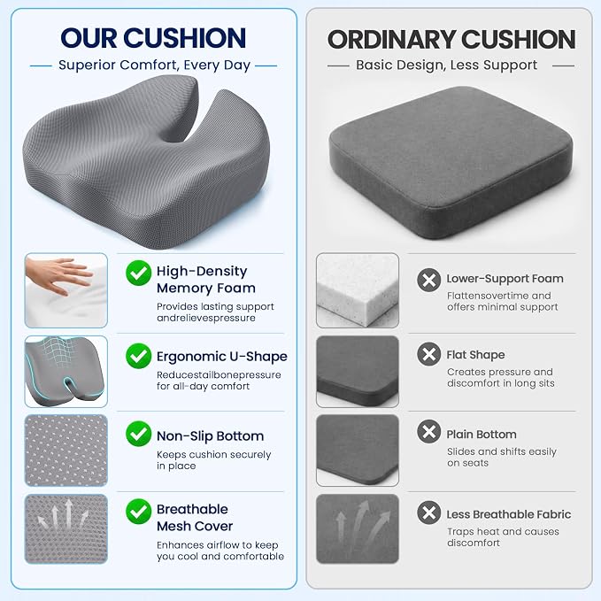 CJACSOC Seat Cushion, Extra Large Memory Foam Cushion for Office Chair Cushions, Ergonomic Cushions Pad Pillow for Pressure Relief Sciatica & Pain Relief for Long Sitting, Grey