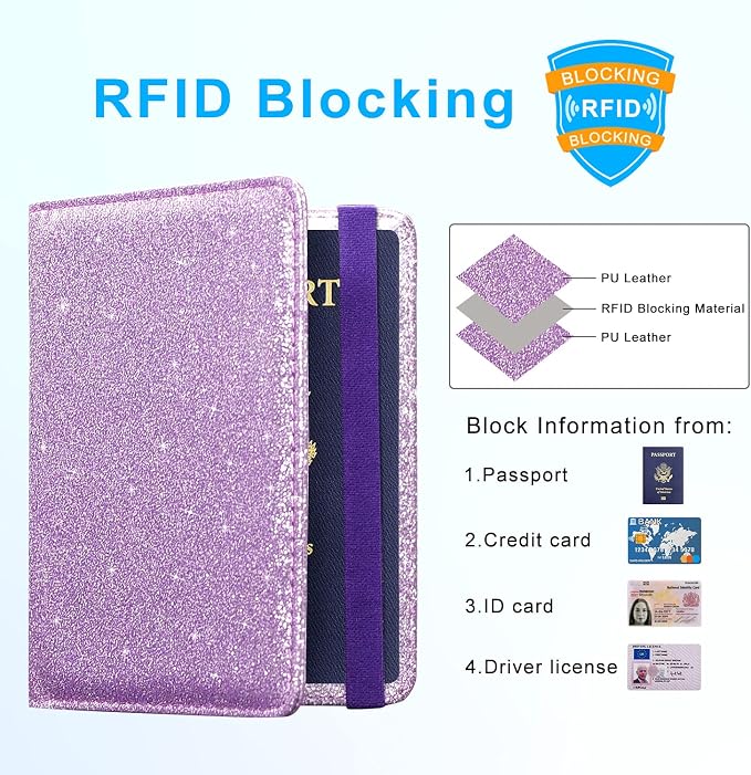 ACdream Passport Holder Cover, Leather Travel Wallet Case, RFID Blocking Document Organizer Protecrtor, with Slots for Credit Cards, Boarding Pass, for Women and Men, Glitter Purple