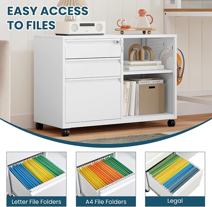 MIIIKO 3 Drawer File Cabinet with Lock, Metal Lateral Rolling Printer Stand Filing Cabinets for Home Office Storage,A4, Letter,File Folders(White)