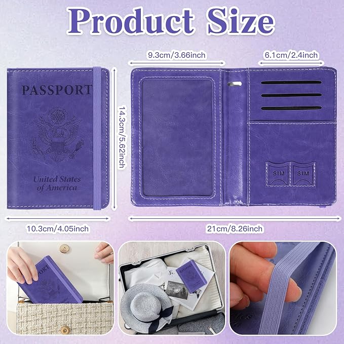 Passport Holder for Travel, RFID Blocking Passport Cover with Pen Holder Leather Passport Wallet Case Travel Must Haves Accessories Passport Book Card Holder for Family Travel Essentials, Dark Purple