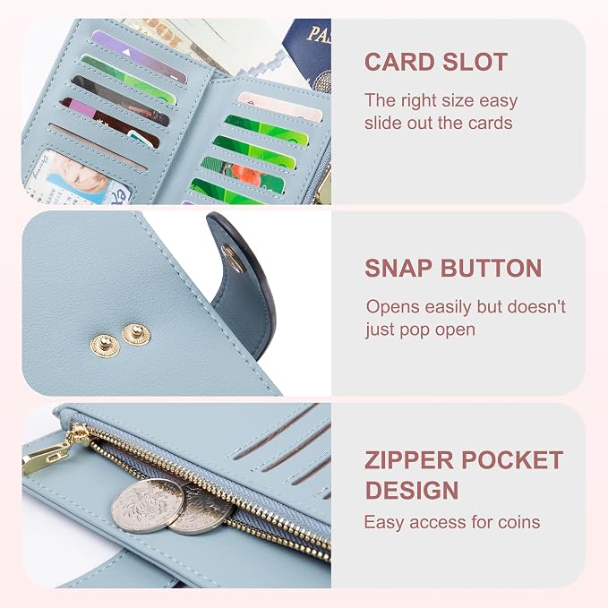 Womens Wallet RFID Blocking Vegan Leather Trifold Clutch Credit Card Holder Ladies Travel Wallet Purse with Passport/Pen Holder
