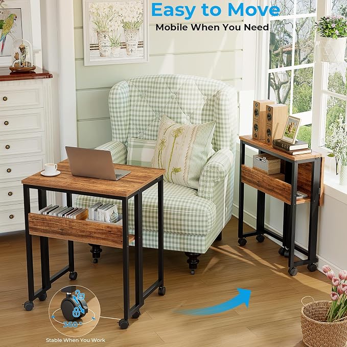 GreenForest Folding Desk with Wheels, 24.8" Rolling Table for Small Spaces | Storage Shelf, Lockable Casters, Compact Portable Workstation, Space-Saving Foldable Sofa Table, Home Office, Mobile, Walnut
