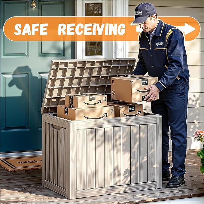 50 Gallon Outdoor Package Delivery Box with Lockable, Resin, Waterproof & Weatherproof Secure Parcel Drop Box for Porch, Outside Storage Boxes(Grey，50 Gallon)