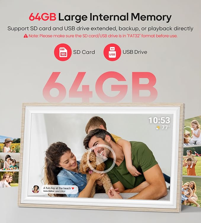 64GB Frameo 15.6" Digital Picture Frame Large 1920 x 1080 IPS FHD Touch Screen WiFi Electronic Photo Frames Share Moments Instantly Anywhere Best Gifts for Parents and Grandparents White Wood