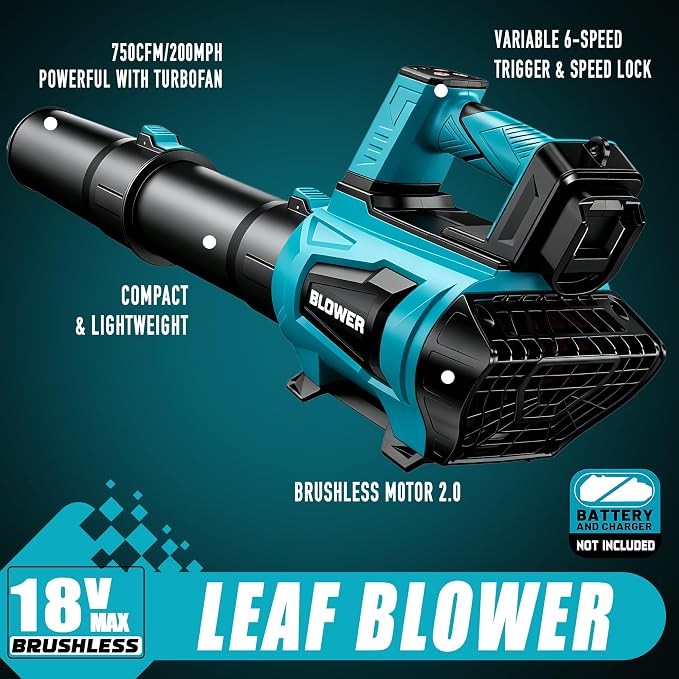 Cordless Leaf Blower Compatible with M Akita 18V Battery(No Battery) - 250MPH| 750CFM | 6 Speed Brushless Turbo Powerful Electric Leaf Blowers for Lawn Care, Patio, Blowing Leaves