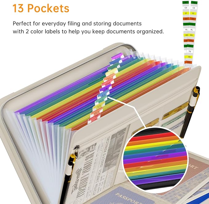 Tamfile Fireproof Accordion File Organizer, Expanding File Folder, Beige | 13 Pocket Colorful, Handle, Zipper & Labels, Multi-Pockets Paper Organizer, for Letter A4 Files, Home, Office, School