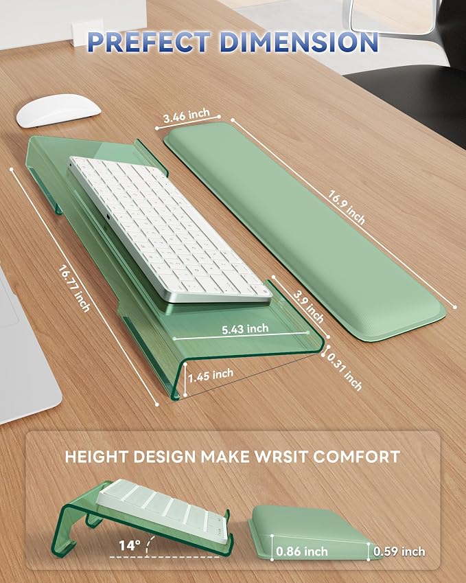 Laborio Computer Keyboard Wrist Rest, Keyboard Riser Stand for Desktop | Green, Ergonomic Acrylic Keyboard Holder, Non-slip Wrist Pad, Pain Relief for Typing, Multiple Colors