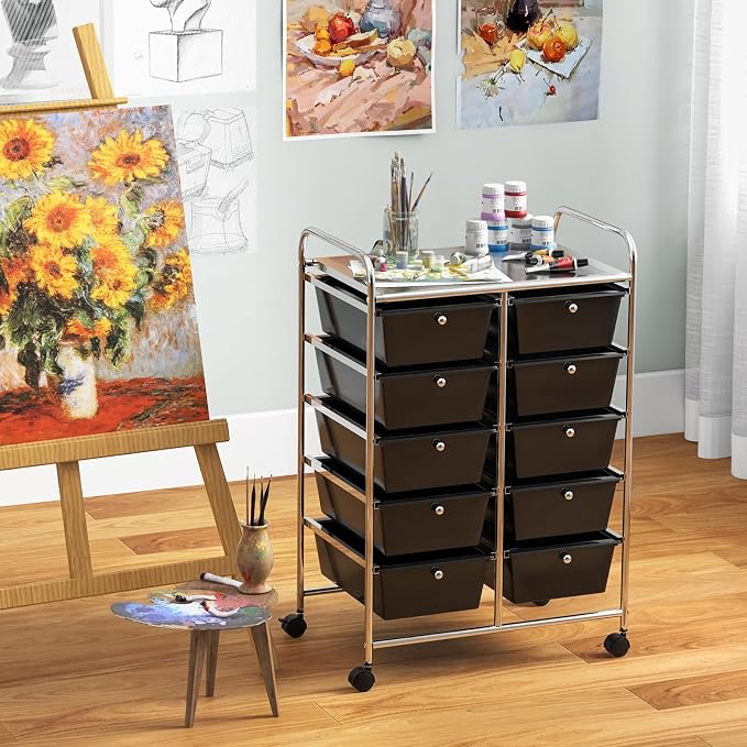 BECOMFORT 10-Drawer Rolling Cart with Drawers, Storage Cart on Wheels, Teacher Classroom Organizers with Metal Frame, Mobile Craft Cart, Trolley Utility Cart for School Office Play Room