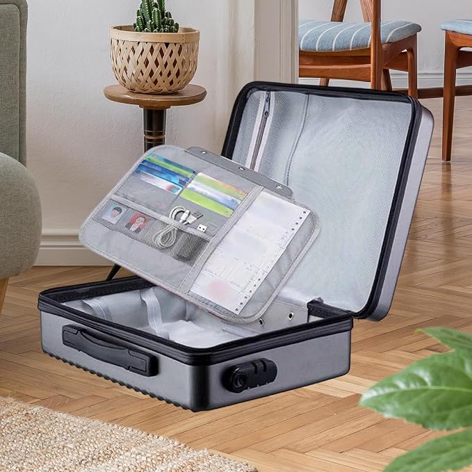 Fireproof Document Box, Secure Storage, Waterproof Briefcase, Sturdy Storage Bag for Contracts, Outdoor, Gray