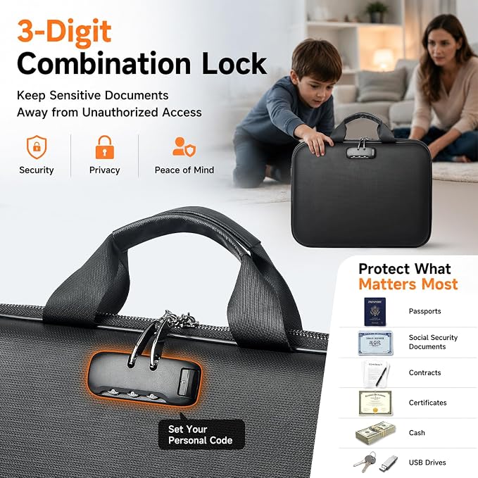 Fireproof Document Box with Lock, Waterproof Hard-Shell File Organizer with 13-Pocket Accordion Folder & Multi-Compartments for Laptop, Documents, Passports & Valuables