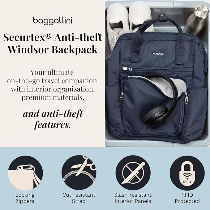 Baggallini Securtex Anti-Theft Windsor Backpack for Travel, Work & College, RFID & Locking Zipper, Up to 16" Laptop