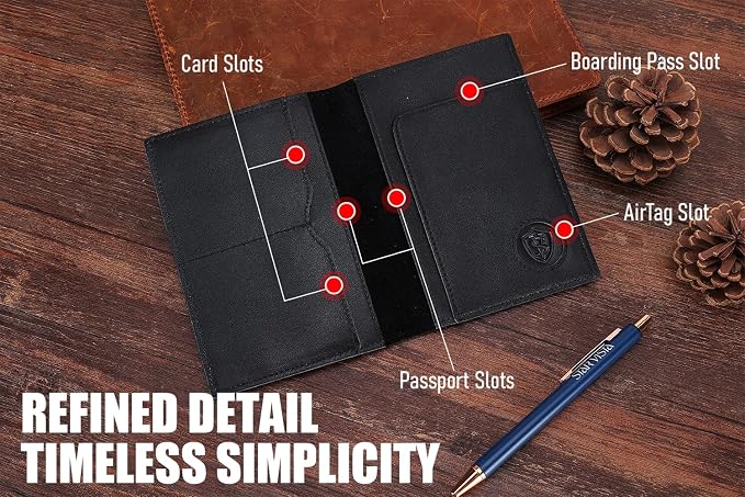 STAR VISTA Albatross Leather Travel Passport Holder, Minimalist Design, Calfskin Leather Case for Women and Men - Slim Passport Wallet, Bifold, RFID Blocking, with AirTag Holder, Black