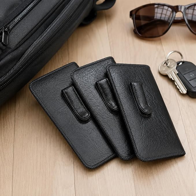 Calabria Soft Slip-In Glasses Case with Pocket Belt Metal Clip Black for Men/Women Synthetic Leather Felt Lining 6.5"x3" - 12PACK