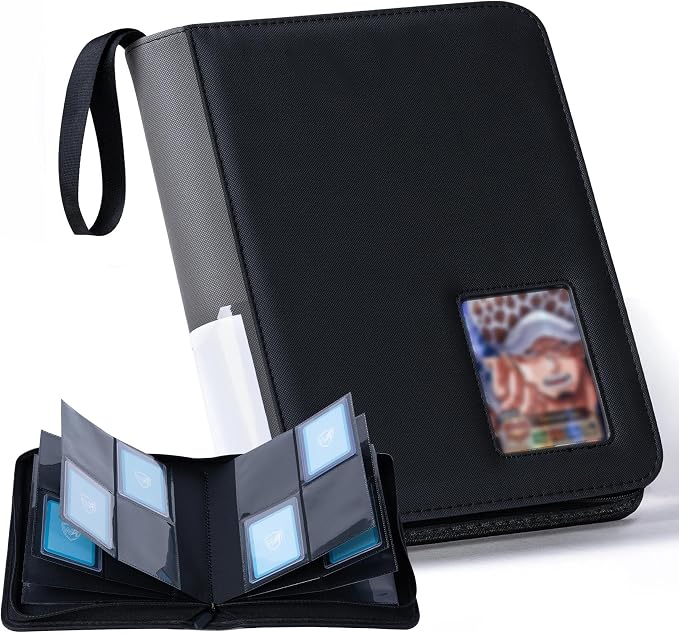 4 Pocket Top Loader Binder with Clear Window, Holds 160 Cards in 3"x 4" Toploaders, Side Loading, for Sports, Anime, MTG, TCG Card Collection, Gray-Black