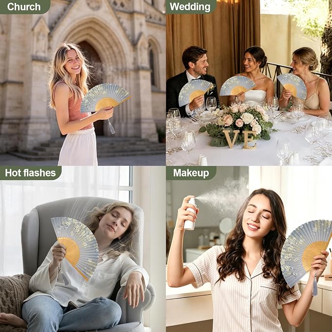 EOSAU Bamboo Hand Fan Foldable 8.3 Inch, Portable Folding Fan with Pouch for Church Wedding Makeup, Small Decorative Cooling Fan for Women (Gray)