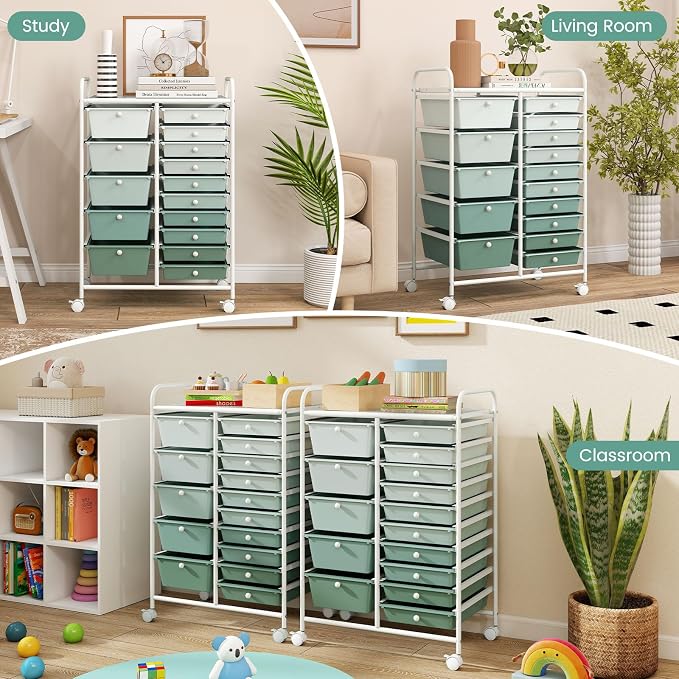 GLACER 15 Drawers Rolling Storage Cart, Steel Frame Craft Organizer Cart | Utility Cart w/ Lockable Wheels & Handle, Mobile Art & Tool Supply Trolley for Teacher, Home, School, Office (Green Gradient)