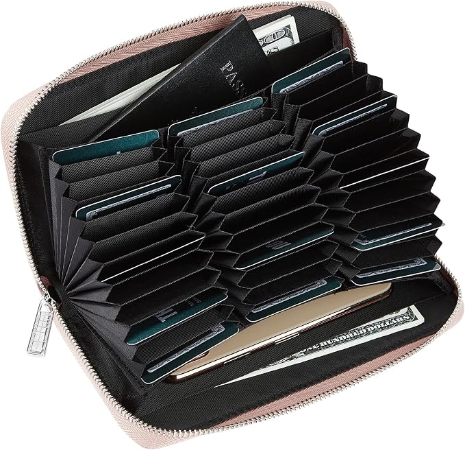 Women 36 Slots RFID Blocking Card Holder Large Long Leather Zipper Organizer Accordion Wallet,Rose Gold