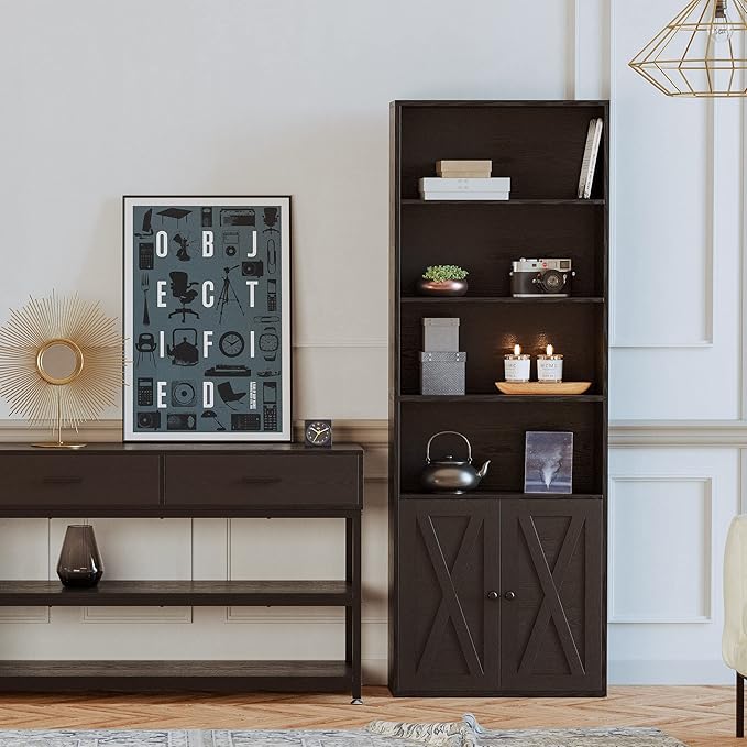 IRONCK Industrial Bookshelves and Bookcases with Doors Floor Standing 6 Shelf Display Storage Shelves 70 in Tall Bookcase for Home Office, Living Room