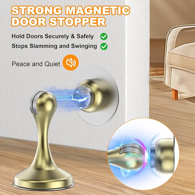 Crosize Magnetic Door Stoppers 4 Pack, Stainless Steel Door Stops for Wall and Floor Mounting, Gate Stops, No Drilling Metal Doorstops with Adhesive Tapes, Gold