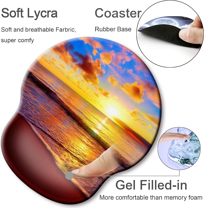 Ergonomic Mouse Pad with Wrist Support Rest,Large Mousepad Gel Wrist Rest, with Coaster Non-Slip & Pain Relief for Computer, Desk, Home&Office-Sunset Beach | Big Mousepad With Coaster Non-slip & Pain Relief for Computer, Home&Office Desk Decor