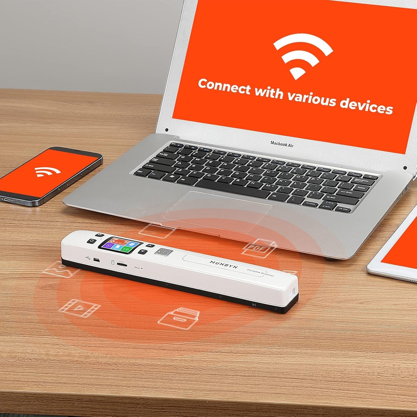 MUNBYN Portable Scanner, Photo Scanner for Documents, Pictures, Texts at 1050 DPI, Flat Scanning, Includes 16GB SD Card, Uploads Images to Computer via USB or Built-in Wi-Fi, No Driver Needed White