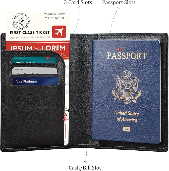 Polare Slim RFID Blocking Leather Passport Holder Travel Bifold Wallet For Men (Black with AirTag Holder)
