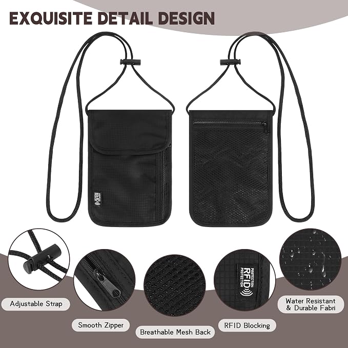 Likesing 5.5" L x 7.9" W Travel Neck Wallet, RFID Passport Holder (Black) | RFID Blocking Passport Holder for Travel, Security Lightweight Passport Travel Wallet, Neck Pouch Gifts for Women Men