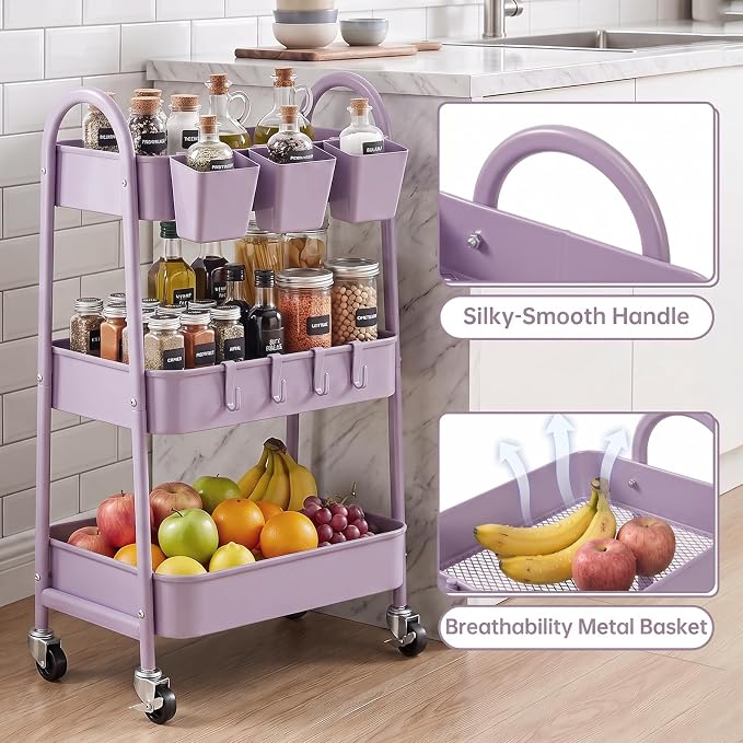 3-Tier Rolling Cart, Utility Cart Mobile Metal Rolling Storage Cart with Lockable Wheels & Hanging Cups & Hooks for Kitchen, Bathroom, Office, Workshop, Purple