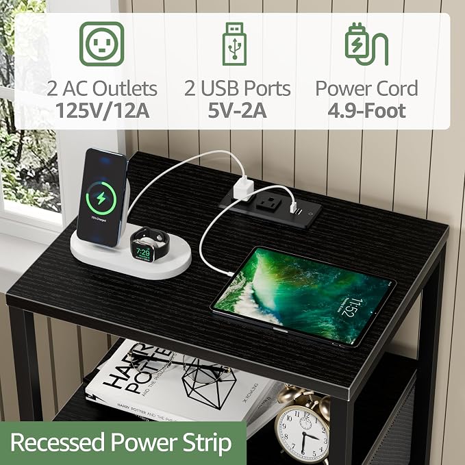 BOLUO Black Dresser with 5 Drawers Tall Nightstand with Charging Station and LED Light, Bedside Table Room Storage Drawers Closet