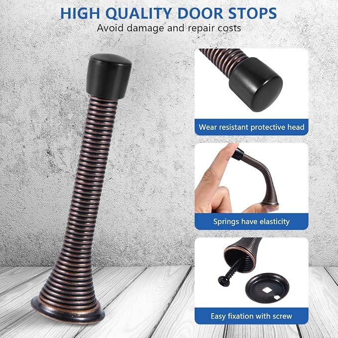 KISEER 12 Pack Spring Door Stops 3 1/4 Inch Flexible Heavy Duty Spring Door Stopper with RustProof Screw Rubber Bumper Tips (Antique Brass)