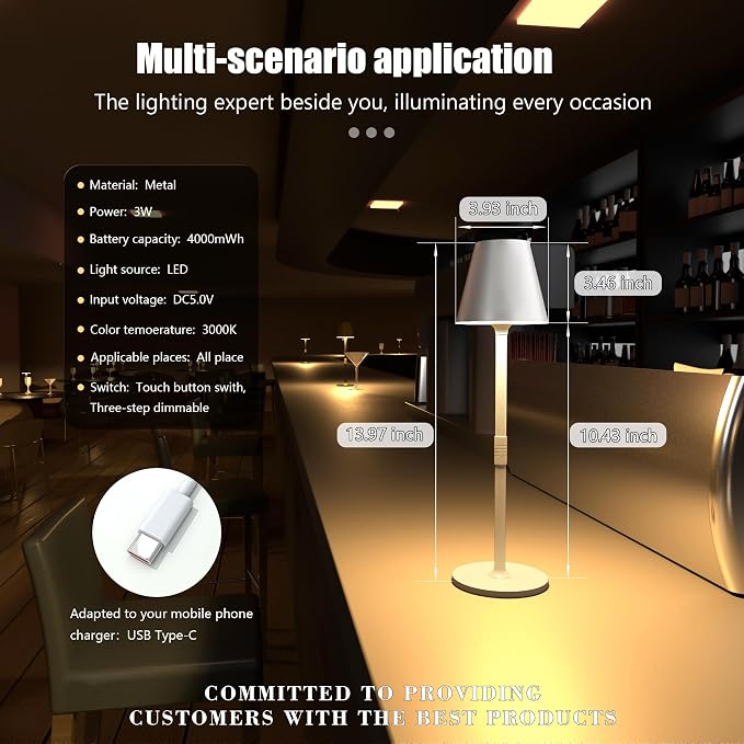 Timjorman Modern LED Cordless Table Lamp, 4000mAh Rechargeable Battery, 3 Level Brightness Night Light, Metal Shell, Minimalist Design, for Couples Dinner/Coffee Table/Restaurant/Bedroom, White