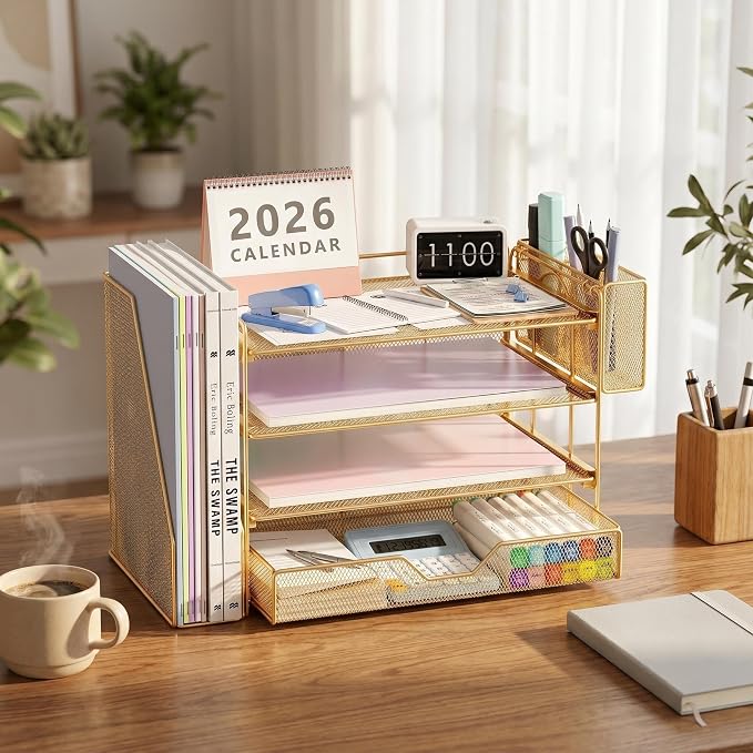 Desk Organizers and Accessories, 4-Tier Desktop File Organizer with Drawer and Pen Holders, Office Desk Accessories Workspace Organizers for Office Supplies (Gold)