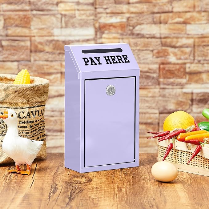 Yaocom Safe Metal Cash Box for Farm Stand – Money Drop and Secure Donation Collection, Wall Mount Lockable Unit with Pre Drilled Holes for Outdoor Self Serve(Morandi Purple,10.2 x 5.7 x 2.8 Inch)