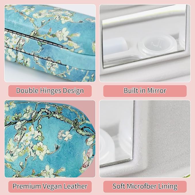 2 in 1 Contact Lens Case and Eyeglasses Case for Women Men Kids, Double Sided Hard Shell Portable Glasses Travel Holder with Built-in Mirror, Contact Lens Box (Apricot Blossom)