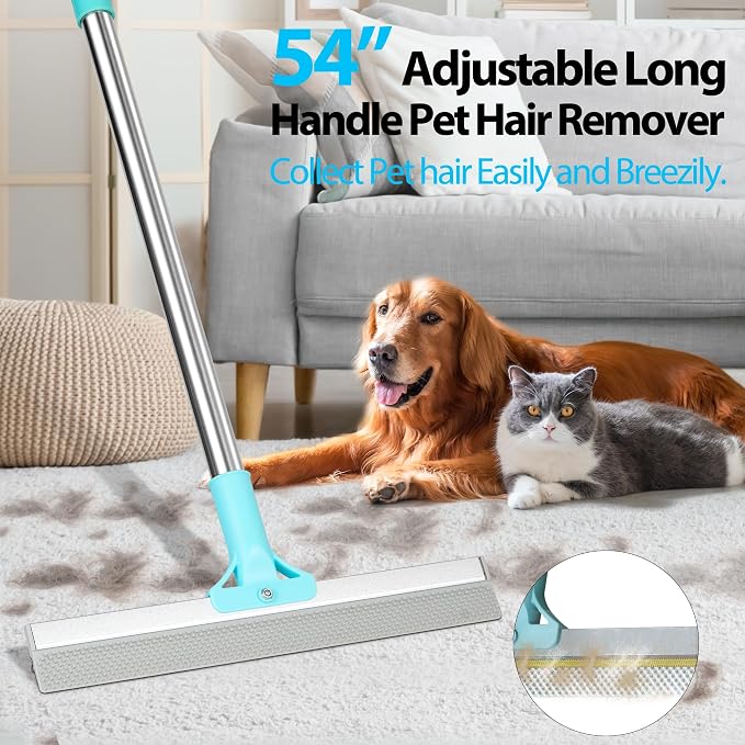 Carpet Rake for Pet Hair Removal Tool, 2 in 1 TPU and Copper Rake Teeth, Dual-Action Hair Remover with 54’’ Adjustable Long Handle, Reusable Cat & Dog Fur Broom for Carpets,Rugs, Mats,Car