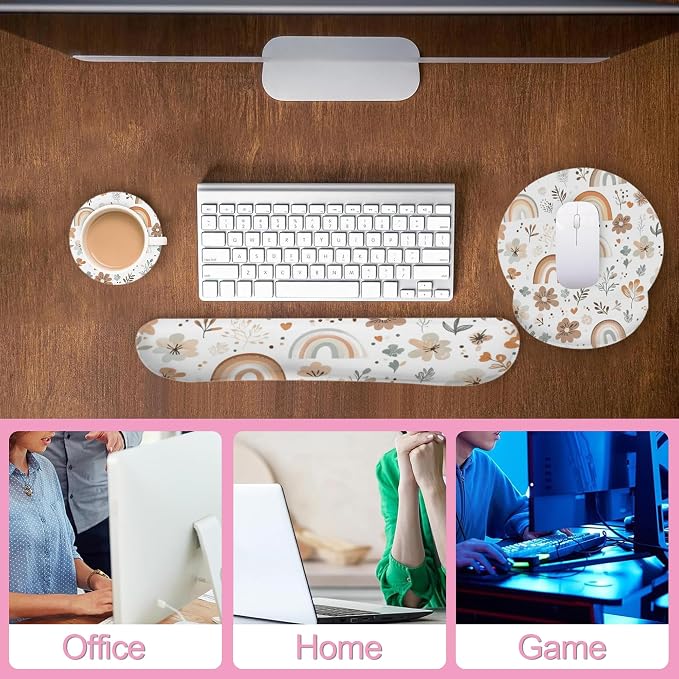 Cute Rainbow Flower Boho Keyboard Wrist Rest Pad Mouse Pad Set,Ergonomic Mousepad Wrist Support Memory Foam Desk Pad for Gaming Office,Non-Slip Rubber Base Easy Typing for Home Office Computers