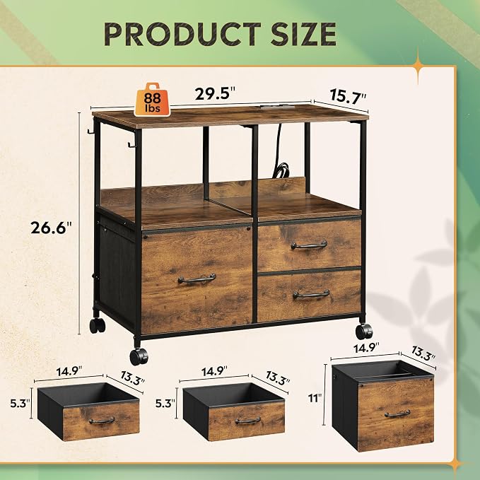 DEVAISE 3 Drawer Mobile File Cabinet with Storage Shelf, Charging Station | Rolling Printer Stand, Fabric Lateral Filing Cabinet fits A4 or Letter Size, Adjustable Shelf for Home Office, Rustic Brown