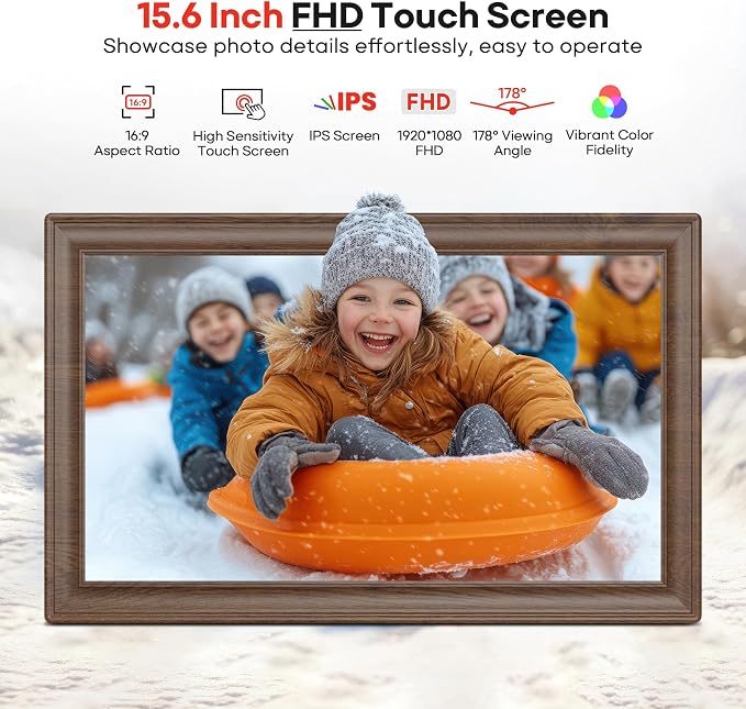 64GB 15.6" Frameo Digital Picture Frame WiFi, Large Electronic Photo Frames Wood 1920 x 1080 IPS FHD Touch Screen, Send Photos from Your Phone from Anywhere, Best Gifts for Family and Friends