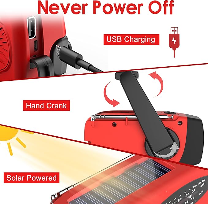 RunningSnail Emergency Hand Crank Radio With LED Flashlight For Emergency, AM/FM NOAA Portable Weather Radio With 2000mAh Power Bank Phone Charger, USB Charged & Solar Power For Camping, Emergency