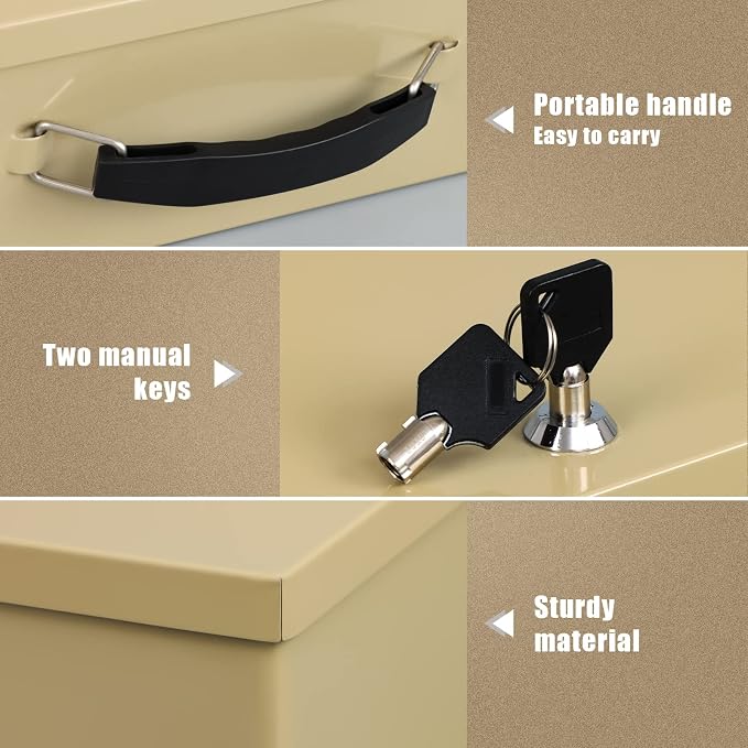 xydled Fireproof Document Box with Key Lock, Fire Safe Box, Sand | Fire and water resistant lock box for documents, passports, cash and valuables, keeping secure at home, 12.8 x 8.5 x 4.5 Inch